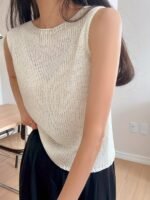 Women'S Elegant Summer Sleeveless Top - Breathable Round Neck Solid Color Casual Chic Shirt, Hand Wash Only, Everyday Fashion, Open Front Design, Quality Craftsmanship - Image 2