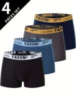 4Pcs Men'S Solid Color Boxer Briefs - Breathable, Comfort Fit Underwear With Stretch Waistband (Yellow, Blue, Dark Blue, Navy) - Polyester Blend, Smooth Fabric, Hand Wash Only, Supportive Underwear | Stylish Waistband Briefs | Spandex Elasticity - Image 2
