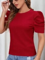 Women'S Elegant Solid Color Short Sleeve T-Shirt With Puffed Sleeves & Ruffled Shoulders - Round Neck Regular Fit Machine Washable All-Season Versatile Top, Casual Wear, Decorative Shoulder Accessory, Nontransparent Material - Image 10