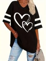 Plus Size, Plus Size Minimalist Heart Print Elegant And Comfortable Short Sleeve T-Shirt For Spring/Summer - Image 3