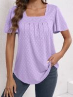 Plus Size Women'S Square Neck Ruffle Sleeve Top - Breathable Eyelet Cut-Out Fabric, Unique Chest Pleat Design, Elegant Fashion For Spring Summer Fall, Formal & Casual Wear, Casual Wear Top | Pleated Detail Top | Stretchy Fabric Top, Ladies T Shirts - Image 5
