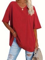 Women'S Loose-Fit V-Neck Half-Sleeve Blouse - Soft Stretch, Solid Color, Spring/Summer Casual & Formal Wear, Elegant & Breathable, Transitional Weather Clothing, Middle Eastern Style, Comfortable Fit, Stretchy Fabric Top - Image 7