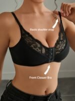 1Pc Elegant Black Lace-Trimmed Wireless Bralette With Front Closure, Breathable & Seamless Light Support For Spring/Summer, No-Pad Comfort Fit, Backless Design, Lace Trim Detail - Image 5
