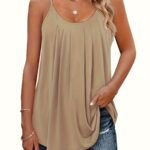 Plus Size, Women'S Casual Loose Fit Ruched Sleeve Round Neck Tank Top - Beige Breathable Stretchy Blouse For Spring/Autumn, Machine Washable