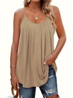 Plus Size, Women'S Casual Loose Fit Ruched Sleeve Round Neck Tank Top - Beige Breathable Stretchy Blouse For Spring/Autumn, Machine Washable