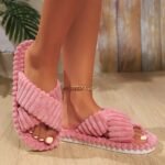 Cozy Women'S Fashion Indoor Slippers - Plush Gray Fabric With Cross Strap, Open-Toe Design, Non-Slip Eva Sole For Warmth And Comfort, Ideal For Home Use, House Slippers - Image 9