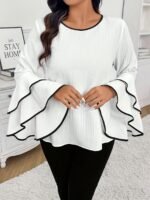 Plus Size Contrast Trim Crew Neck Blouse, Elegant Layered Ruffle Sleeve Top For Spring & Fall, Women'S Plus Size Clothing - Image 2