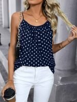 Women'S Elegant Polka Dot Sleeveless Tank Top - Backless, Stretchy & Comfortable Summer Casual Wear With Stylish White Straps And Round Neckline, Summer Tank Tops
