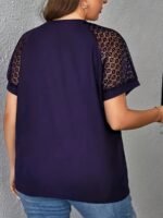 Women'S Plus Size Elegant V-Neck T-Shirt With Contrast Lace Detail, Short Sleeve Casual Top For Spring/Summer, Polyester Knit Fabric, 180Gsm - Purple With Black Text "Handmade" - Image 7