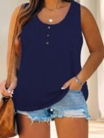 Women'S Plus Size Casual Tank Top With Button Detail - Sleeveless, Solid Color, Stretchy Fabric, Crew Neck, Oversized Fit For Summer Outings, Comfortable Clothing | Relaxed Fit Top | Medium Stretch Materia - Image 5