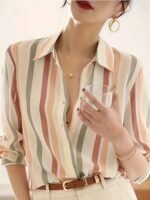 Women'S Casual Striped Print Button- Shirt, Polyester 100% Woven Fabric, Lapel Collar, Long Sleeve, Spring/Summer/Fall Apparel, 110G/M? Weight - Image 2