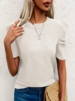 Solid Color Crew Neck T-Shirt, Casual Puff Sleeve Top For Spring & Summer, Women'S Clothing - Image 2