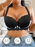 Plus Size Women'S Elegant Contrast Lace Underwire Bra - Anti-Sagging Comfort Fit, Medium Support Steel Boning & Non-Detachable Padded Cups, Solid Black For Everyday & Special Occasions, Special Occasion Lingerie | Pearl Charm Bra | Adjustable Straps - Image 3