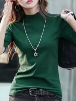 Women'S Casual Stretch T-Shirt - Vibrant Green Solid Color, Stand-Up Collar, High Elasticity, Machine Washable, All-Season Comfort Fit, Cute T Shirts, Versatile Clothing, Pearl Necklace Accent - Image 3