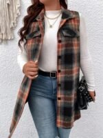 Plus Size Plaid Pattern Button Front Vest, Casual Sleeveless Flap Detail Gilet Jacket For Fall & Spring, Women'S Plus Size Clothing - Image 5
