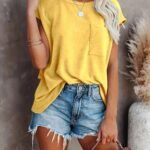 Regular Women'S Summer New Solid Color Pocket Round Neck Short Sleeve T-Shirt