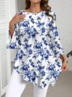 Plus Size Women'S Casual Elegant Floral Print Round Neck Blouse - Navy Blue & White Summer Top, Machine Washable Non-See-Through Fabric, Relaxed Fit For Casual Attire, Comfortable Daily Apparel | Nontransparent Material, Floral Print Blouse - Image 4