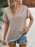 Plus Size V Neck Solid Simple T-Shirt, Casual Short Sleeve Top For Spring & Summer, Women'S Plus Size Clothing - Image 2