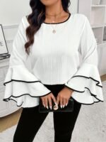 Plus Size Contrast Trim Crew Neck Blouse, Elegant Layered Ruffle Sleeve Top For Spring & Fall, Women'S Plus Size Clothing - Image 6