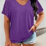 Plus Size, Large Size Solid Color Lace Patchwork Short Sleeves