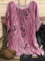 Women'S Plus Size Summer Loungewear Top - Breathable Loose Fit Leaf Print Blouse With Mustard Yellow & Green Design, Machine Washable Casual Home & Outing Shirt, Summer Blouse, Relaxed Outfit, Elegant Style, Easy Care, Stylish Shirt, Relaxed Style - Image 2