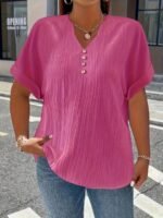Plus Size, Women'S Plus Size New European And American Spring/Summer Short Sleeve Button Solid Color Elegant Casual T-Shirt - Image 9