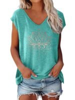 Lotus Print V-Neck T-Shirt, Casual Cap Sleeve T-Shirt For Spring & Summer, Women'S Clothing - Image 4