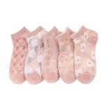 5 Pairs Women'S Floral Print Ankle Socks - Pink Low-Cut No-Show Spring/Autumn Socks With Delicate Flower Patterns, Breathable & Durable For Casual & Formal Wear, Seasonal Wear Socks, Durable Socks - Image 3