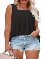 Plus Size Casual Tank Top, Women'S Plus Solid Pleated Square Neck Medium Stretch Tank Top - Image 6