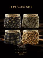 4Pcs Men'S Luxury Black & Golden Boxer Briefs - High-Elasticity, Comfortable Polyester-Spandex Blend, Non-Transparent With Unique Geometric & Floral Prints - Stylish Casual Underwear