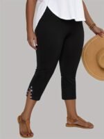 Plus Size, Plus Size High-Waisted Stretchy Rhinestone-Embellished Side Slit Capri Pants - Solid Black Casual Outdoor Leggings For Women, Spring/Summer Fashion, High Waist Pants, Spring Summer Apparel, Nontransparent Fabric, Spring Fashion, Breathable Material, Summer Wardrobe - Image 10