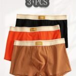 3Pcs Men'S Boxer Briefs - Soft, Light Beige-Friendly, High Elasticity, Non-Stretch, Solid Color (Black, Orange, Brown) With White Trim, Comfortable Underwear|Minimalist Underwear|Soft Fabric Underwear