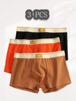 3Pcs Men'S Boxer Briefs - Soft, Light Beige-Friendly, High Elasticity, Non-Stretch, Solid Color (Black, Orange, Brown) With White Trim, Comfortable Underwear|Minimalist Underwear|Soft Fabric Underwear