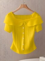 Women'S Summer Short Sleeve Top - Elegant Middle Eastern-Inspired Button-Front Design, Lightweight Breathable Fabric, Machine Washable Solid Color Blouse For Casual & Formal Wear, Versatile Clothing, Sophisticated Style, Ribbed Texture, Stylish Women - Image 3