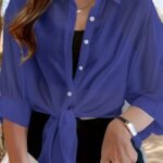 Plus Size Women'S Lightweight Semi-Sheer Chiffon Shirt - Casual Beach Cover-Up With Front Tie Bow, Loose Fit Open Front Button-Up For Swimsuits & Dresses, Machine Washable Spring/Summer Tops, Summer Layering Piece, Foldover Collar, Elegant Ruching, Vacation Outfit, Flowy Texture, Stylish Cover Up, Beachgoers Outfit