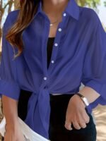 Plus Size Women'S Lightweight Semi-Sheer Chiffon Shirt - Casual Beach Cover-Up With Front Tie Bow, Loose Fit Open Front Button-Up For Swimsuits & Dresses, Machine Washable Spring/Summer Tops, Summer Layering Piece, Foldover Collar, Elegant Ruching, Vacation Outfit, Flowy Texture, Stylish Cover Up, Beachgoers Outfit