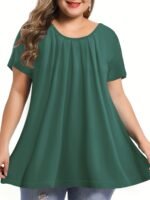 Elegant Crew Neck Ruched Bust Slight Stretch Knit Fabric Pullovers Polyester Casual Tops For Women, Plus Siz - Image 4