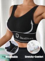 Danshen Women'S High-Support Sports Bra - Wireless, Padded, Stretchy Nylon Blend For Yoga & Running, Mint Green Ribbed Design With White Logo, Machine Washable - Image 4