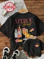 Illustration Style Cocktail Aperol Letter Print T-Shirt, Loose Casual Round Neck Top For Women. - Image 2