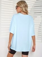 6917 Women'S Light Blue Joyful Face Graphic Print T-Shirt - High Elasticity Loose Fit Drop Shoulder Short Sleeve Round Neck Casual Summer Top, Ladies T Shirts, Comfortable Tee, Stretchy Fabric - Image 7