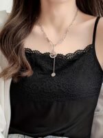 1Pc Elegant Women'S Lace Camisole Tank Top, Summer Sleeveless Slim Fit Inner Layer, Solid Color Knit Nylon Fabric, Adult Ladies' Cami With Lace Detail