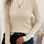 Women'S Elegant Semi-Sheer Pullover Sweater - Soft Round Neck Long Sleeve Top, Medium Stretch Spring/Fall Casual & Formal Wear, Solid Color Versatile Wardrobe Staple, Sweater, Spring Fall Attire, Minimalistic Design, Textured Fabric