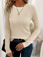 Women'S Elegant Semi-Sheer Pullover Sweater - Soft Round Neck Long Sleeve Top, Medium Stretch Spring/Fall Casual & Formal Wear, Solid Color Versatile Wardrobe Staple, Sweater, Spring Fall Attire, Minimalistic Design, Textured Fabric