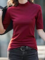 Women'S Chic High Neck Turtleneck T-Shirt - Solid Color, Polyester, Knit Fabric, Regular Sleeve, Spring/Fall Fashion Top - Image 4