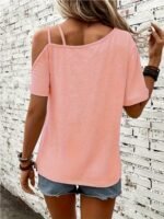 Heart Print Cold Shoulder T-Shirt, Casual Short Sleeve Backless Asymmetrical Top, Women'S Clothing - Image 8