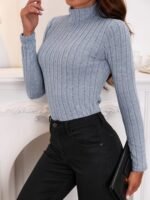 Solid Turtle Neck Rib Knit Top, Elegant Slim Long Sleeve Simple Sweater, Women'S Clothing - Image 5