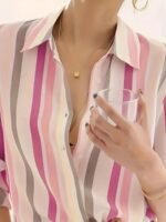 Women'S Casual Striped Print Button- Shirt, Polyester 100% Woven Fabric, Lapel Collar, Long Sleeve, Spring/Summer/Fall Apparel, 110G/M? Weight - Image 5