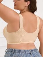 Plus Size Women'S Front Closure Wire-Free Contrast Lace Bra - Jacquard & Lace Trim, Non-Removable Padded Cups, Minimalist Everyday Comfort For Autumn Winter, Elegant Lingerie, Soft Fabric Construction - Image 3