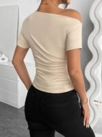 Elegant Brown Off-Shoulder Ruched Asymmetrical T-Shirt - Chic Short Sleeve, Polyester & Spandex Blend, Machine Washable - Ideal For Spring/Fall Fashion - Image 10