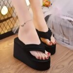 Women'S Fashion Platform Flip-Flops, Solid Color Fabric Upper With Eva Sole And Insole, Slip-On High Heel Wedge Sandals For Summer Beach, Ladies Sandals - Image 5